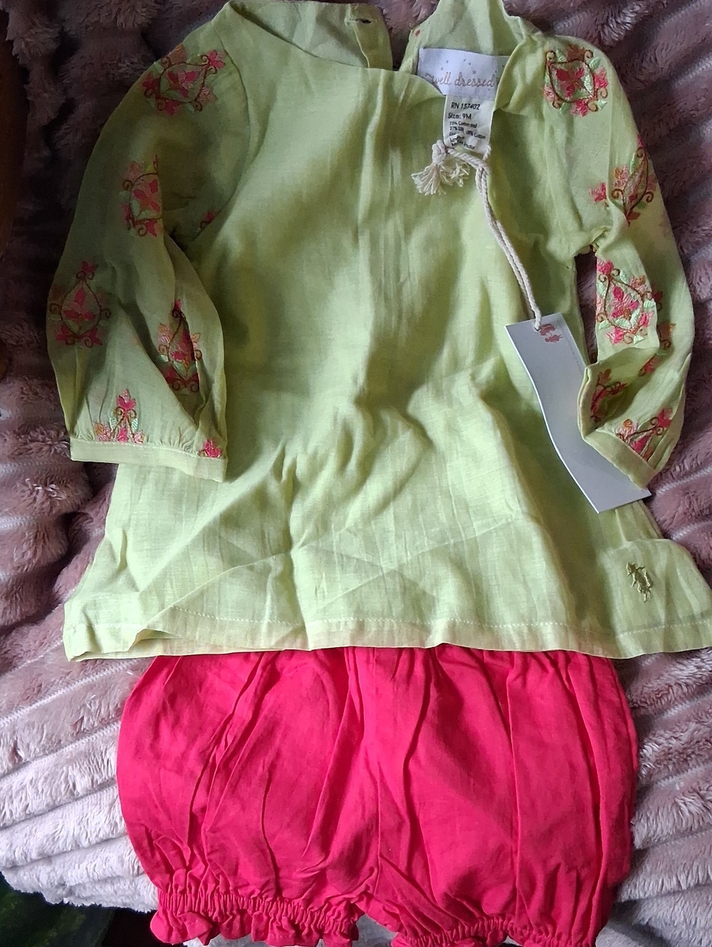Well Dressed Lime Green Embroidered Tunic with Hot Pink Bloomers